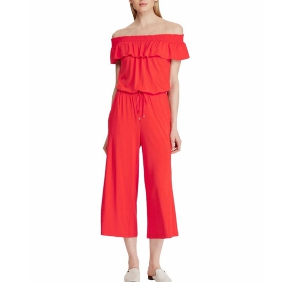 Polo Ralph Lauren Off The Shoulder Red Cropped Jumpsuit Medium Valentine Rare - Picture 7 of 10